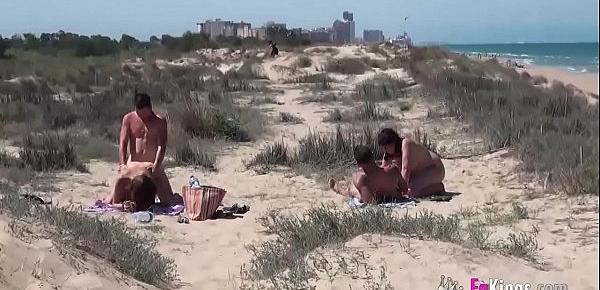  Beach Dogging! Ainara fucks a voyeur and a couple join the fun